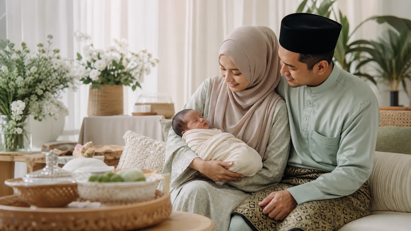 Ibu bapa Melayu bersama bayi dalam suasana majlis Aqiqah