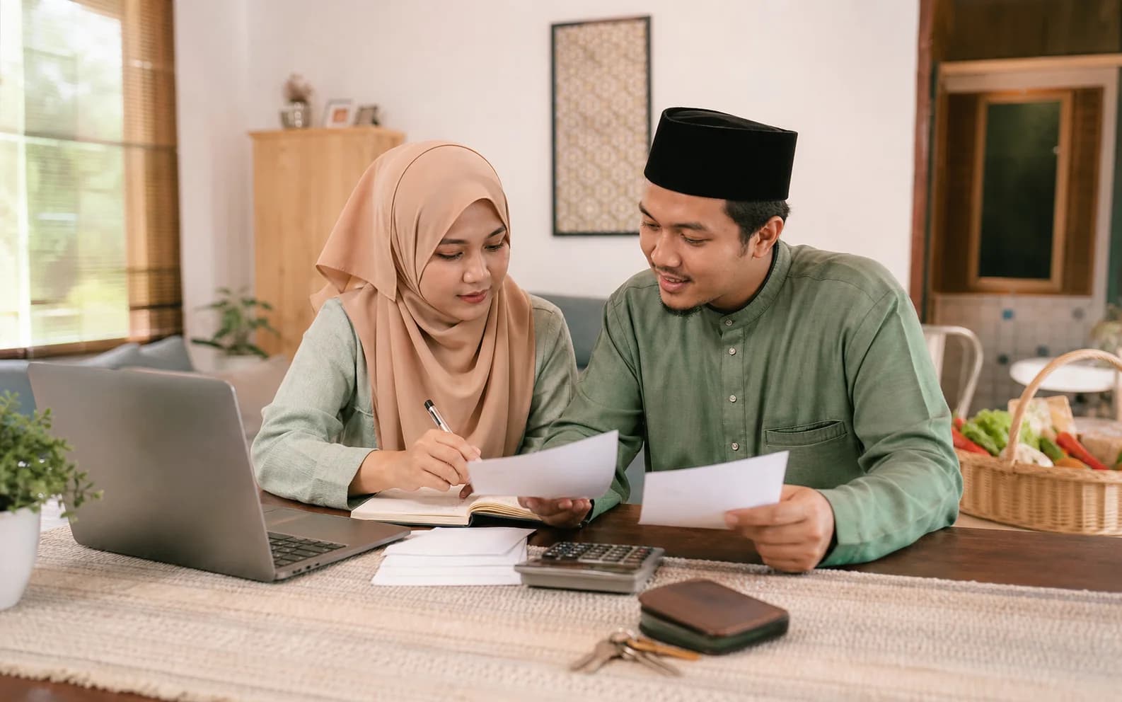 Pasangan baru berkahwin berbincang tentang kewangan rumah tangga